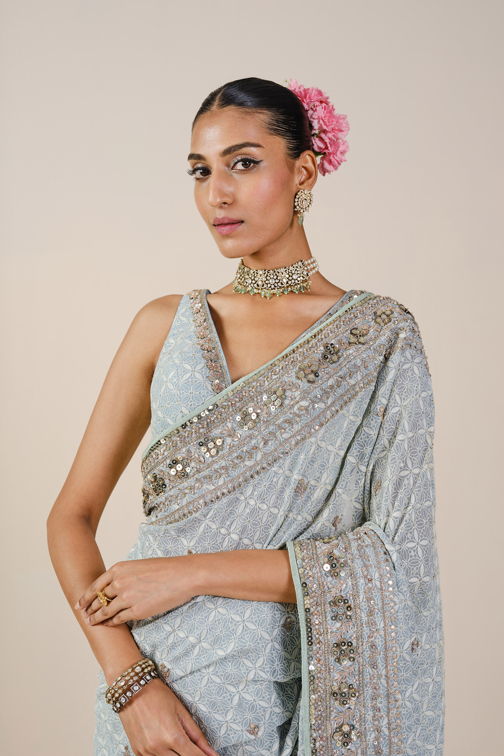 Aaloka Embroidered Georgette Saree - Powder Blue, Powder Blue, image 4